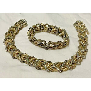 Vintage CINER Silver Tone Pearl Rhinestone Necklace and Bracelet Set